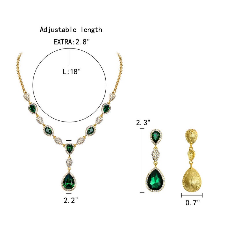 EleQueen Women's Cubic Zirconia Teardrop Y-Necklaces Dangle Earrings Sets for Brides Bridesmaids Emerald Gold-Tone - Image 5
